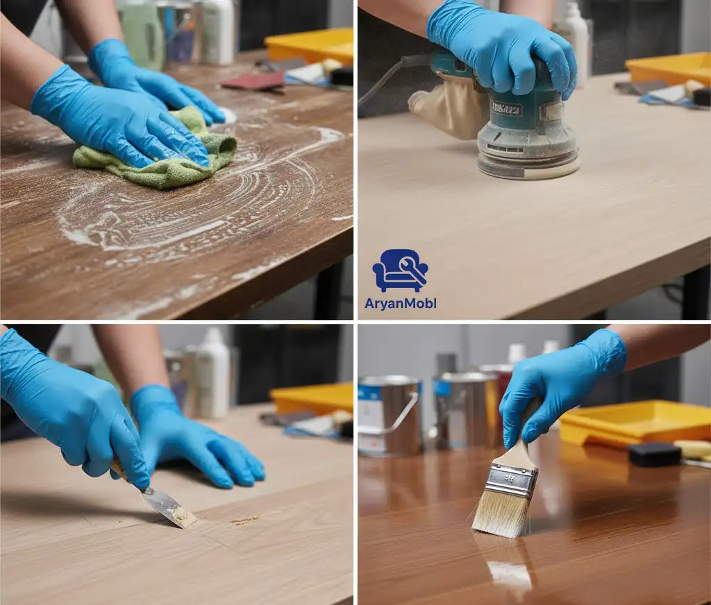 مراحل کلیدی بازسازی میز و دکور چوبی، آریان مبل