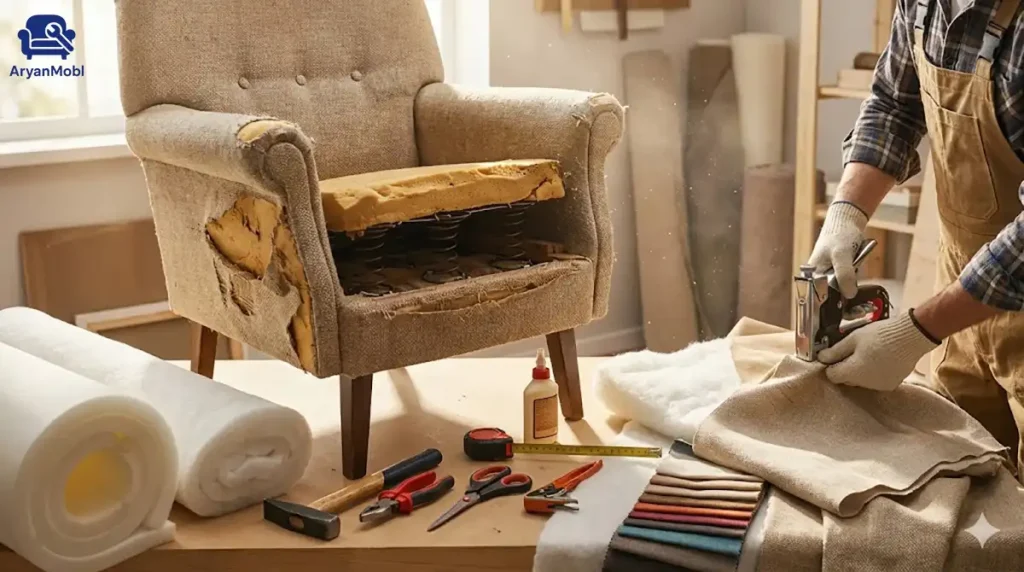 آموزش تعمیر مبل راحتی؛ جادوی تبدیل مبل کهنه به نو در منزل، آریان مبل