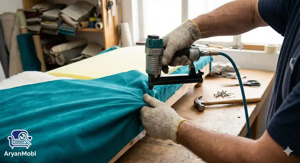 مراحل گام‌به‌گام ترمیم مبل راحتی فرسوده در کارگاه، آریان مبل