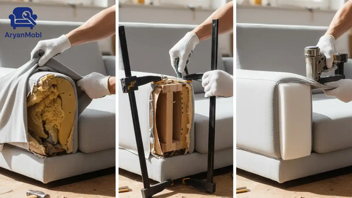 مراحل تخصصی تعمیر دسته مبل راحتی در کارگاه، آریان مبل