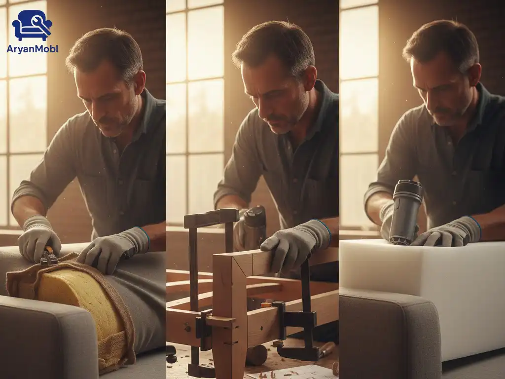 مراحل تعمیر اسکلت مبل راحتی در کارگاه آریان مبل