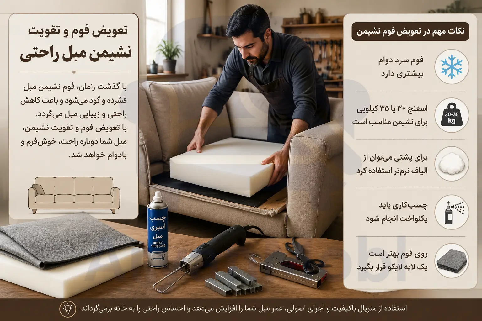 تعویض فوم و تقویت نشیمن مبل راحتی، آریان مبل