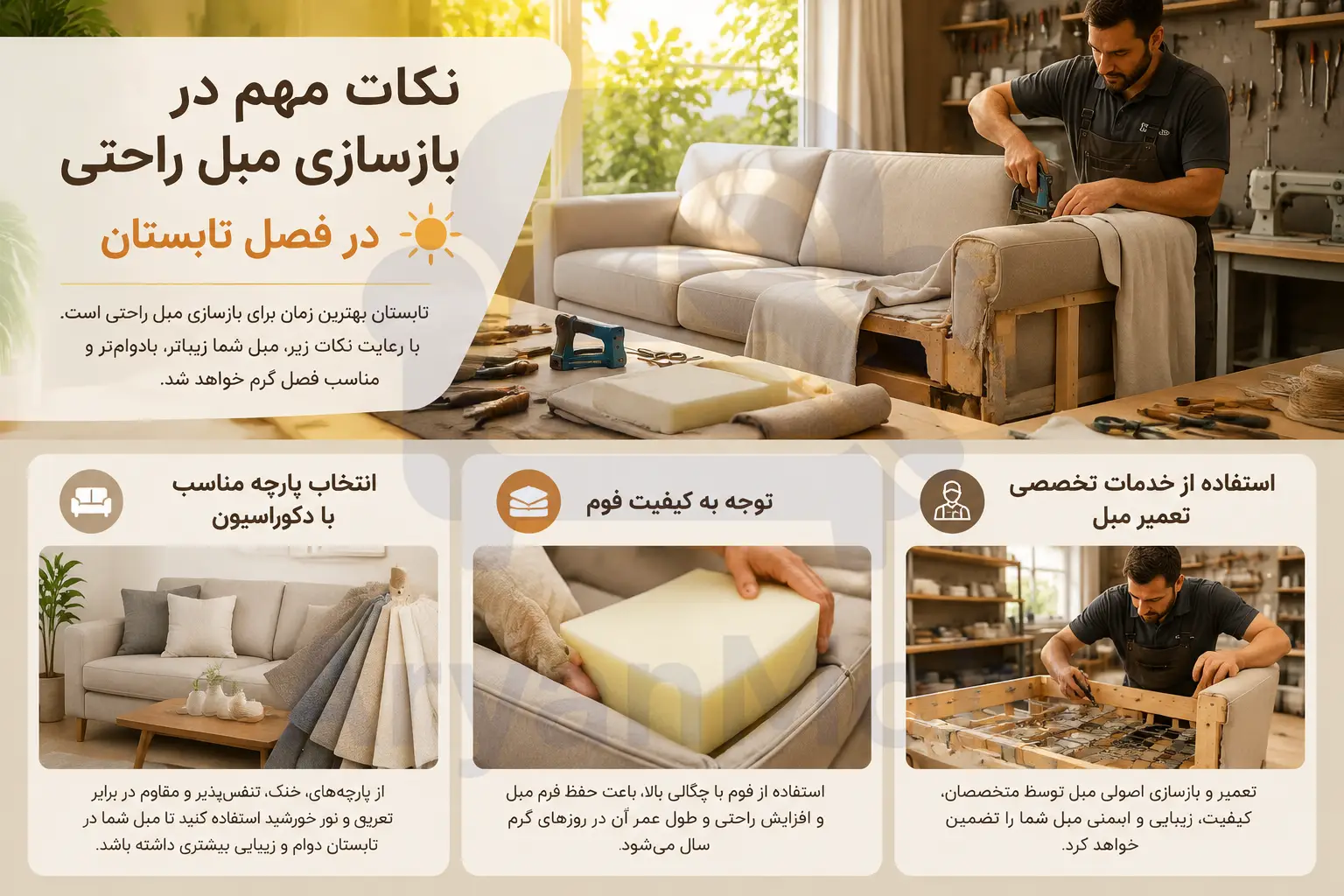 نکات مهم در بازسازی مبل راحتی در فصل تابستان، آریان مبل