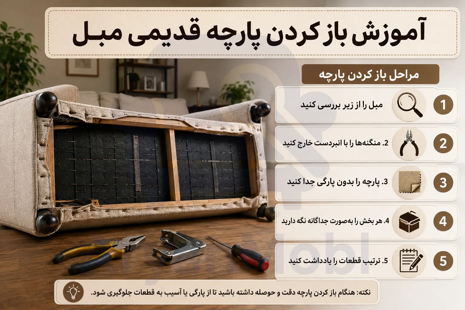 آموزش باز کردن پارچه قدیمی مبل، آریان مبل