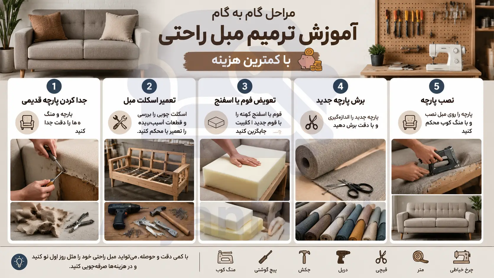 مراحل گام به گام آموزش ترمیم مبل راحتی با کمترین هزینه، آریان مبل